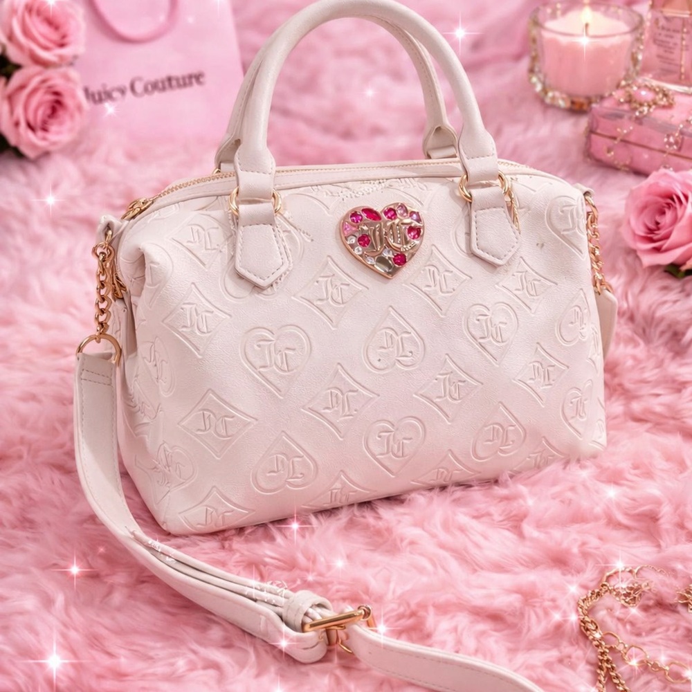 Juicy Couture White Embossed Heart Bag 💗 Rhinestone Y2K Purse✨